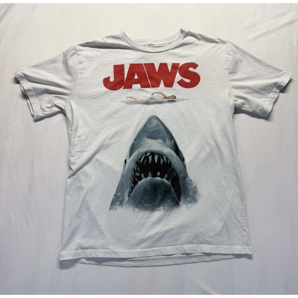 Jaws Movie Graphic T-Shirt Youth Large White Classic Shark Film Tee